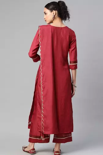 Women Maroon Solid Kurta with Palazzos & Dupatta