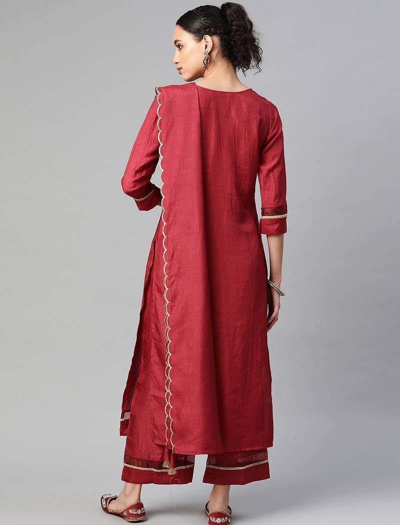 Women Maroon Solid Kurta with Palazzos & Dupatta