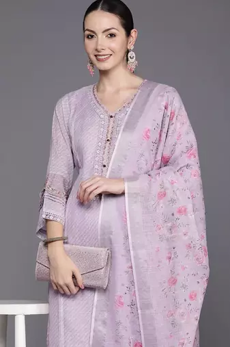 Floral Embroidered Regular Thread Work Linen Kurta with Trousers & Dupatta