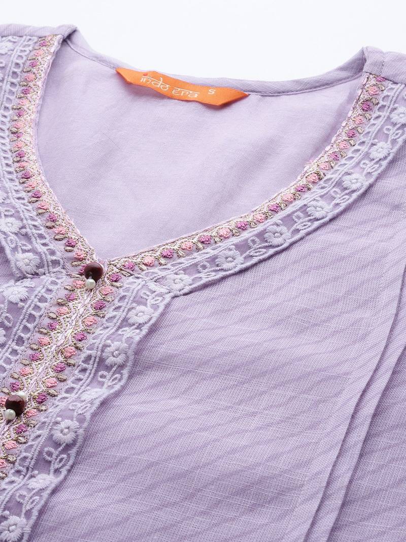 Floral Embroidered Regular Thread Work Linen Kurta with Trousers & Dupatta