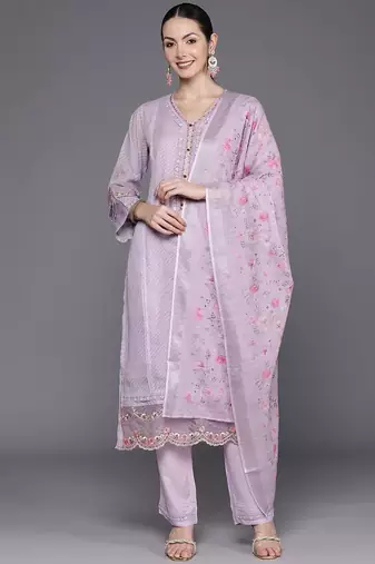 Floral Embroidered Regular Thread Work Linen Kurta with Trousers & Dupatta