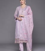 Floral Embroidered Regular Thread Work Linen Kurta with Trousers & Dupatta