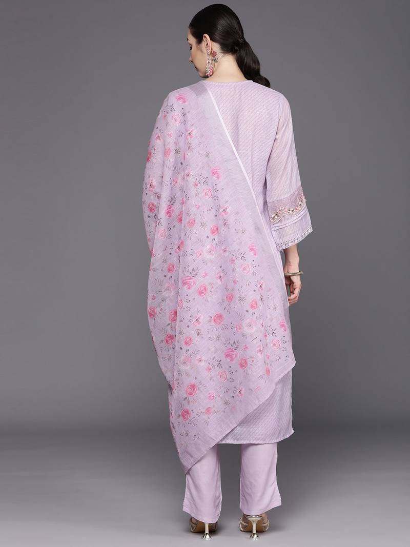 Floral Embroidered Regular Thread Work Linen Kurta with Trousers & Dupatta