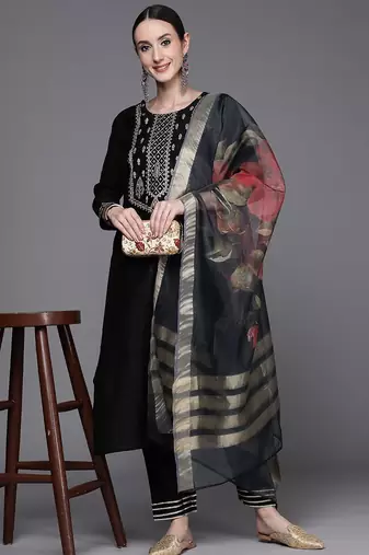 Women Ethnic Motifs Embroidered Liva Kurta with Trousers & Dupatta