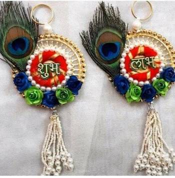 shubh labh peacock feather door hanging decorative wall handmade home decor (pack of 2) 1