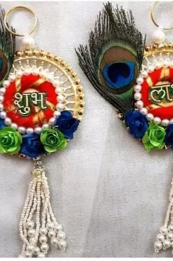 shubh labh peacock feather door hanging decorative wall handmade home decor (pack of 2)