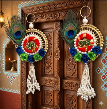 shubh labh peacock feather door hanging decorative wall handmade home decor (pack of 2) 2