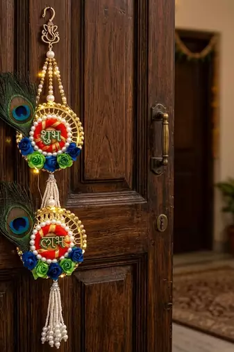 shubh labh peacock feather door hanging decorative wall handmade home decor (pack of 2)