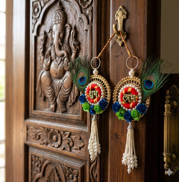 shubh labh peacock feather door hanging decorative wall handmade home decor (pack of 2) 4