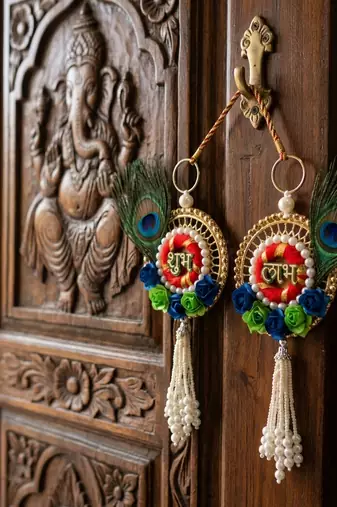 shubh labh peacock feather door hanging decorative wall handmade home decor (pack of 2)