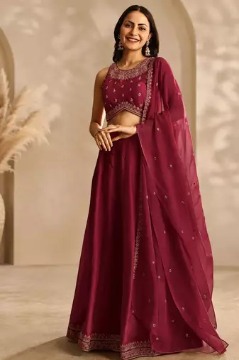 Maroon Embroidery Work Lehenga choli with dupatta.