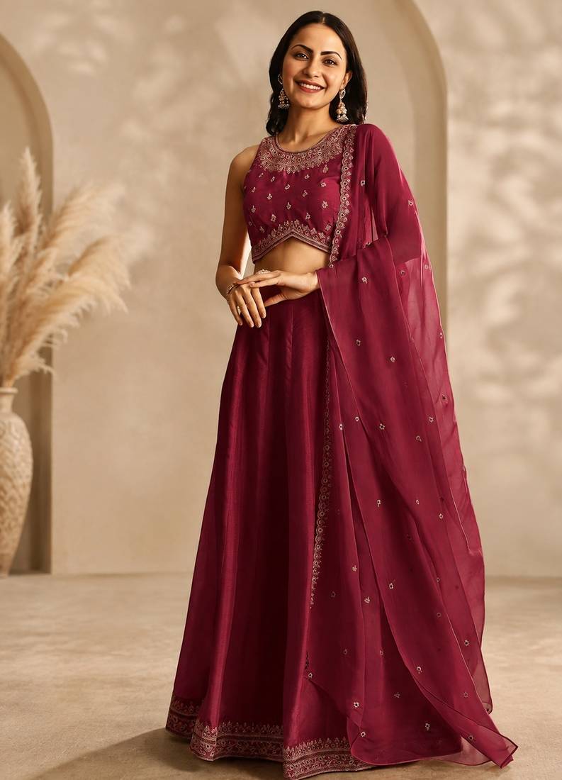 Maroon Embroidery Work Lehenga choli with dupatta.