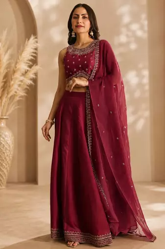 Maroon Embroidery Work Lehenga choli with dupatta.