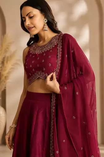 Maroon Embroidery Work Lehenga choli with dupatta.