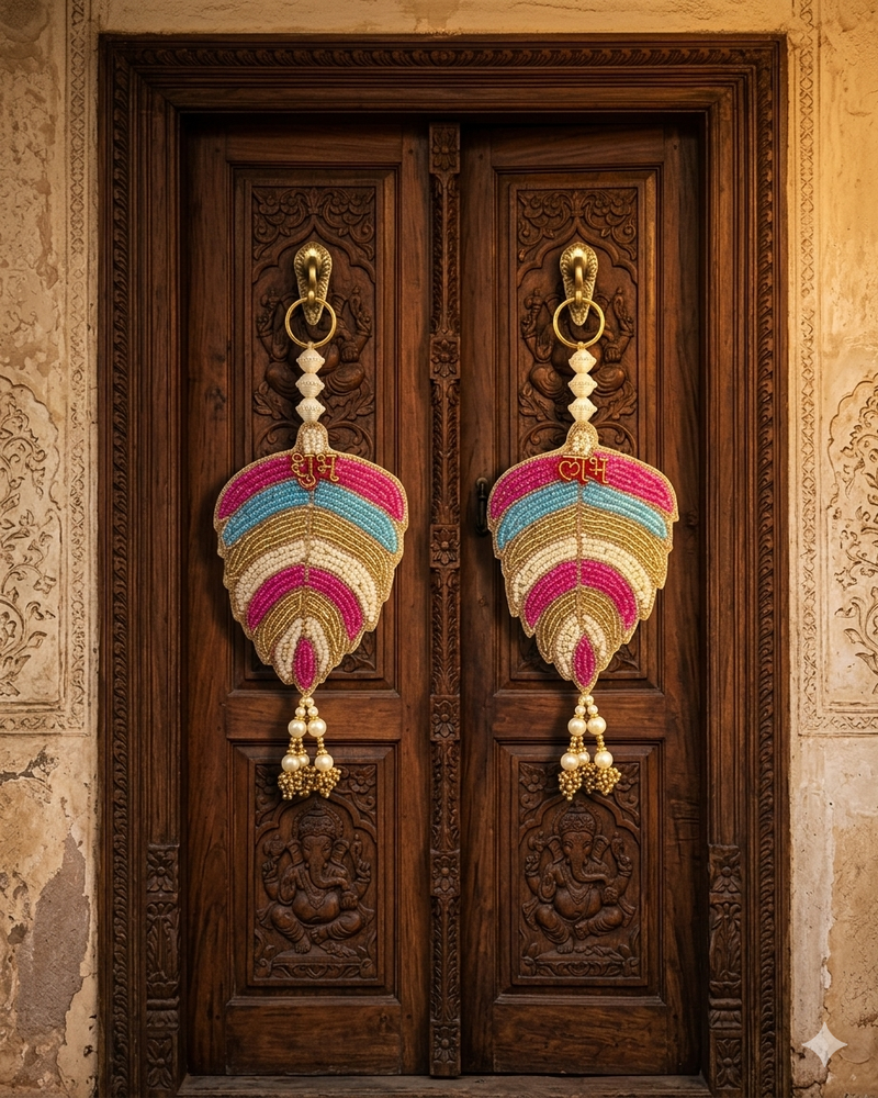 shubh labh leaf patch door hanging handmade beaded wall hanging home decor (pack of 2)