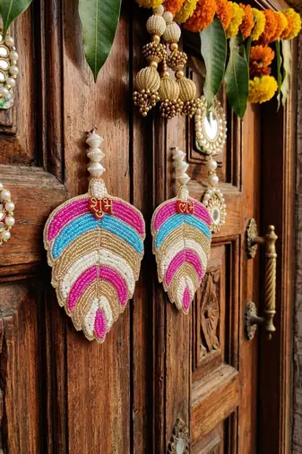 shubh labh leaf patch door hanging handmade beaded wall hanging home decor (pack of 2)