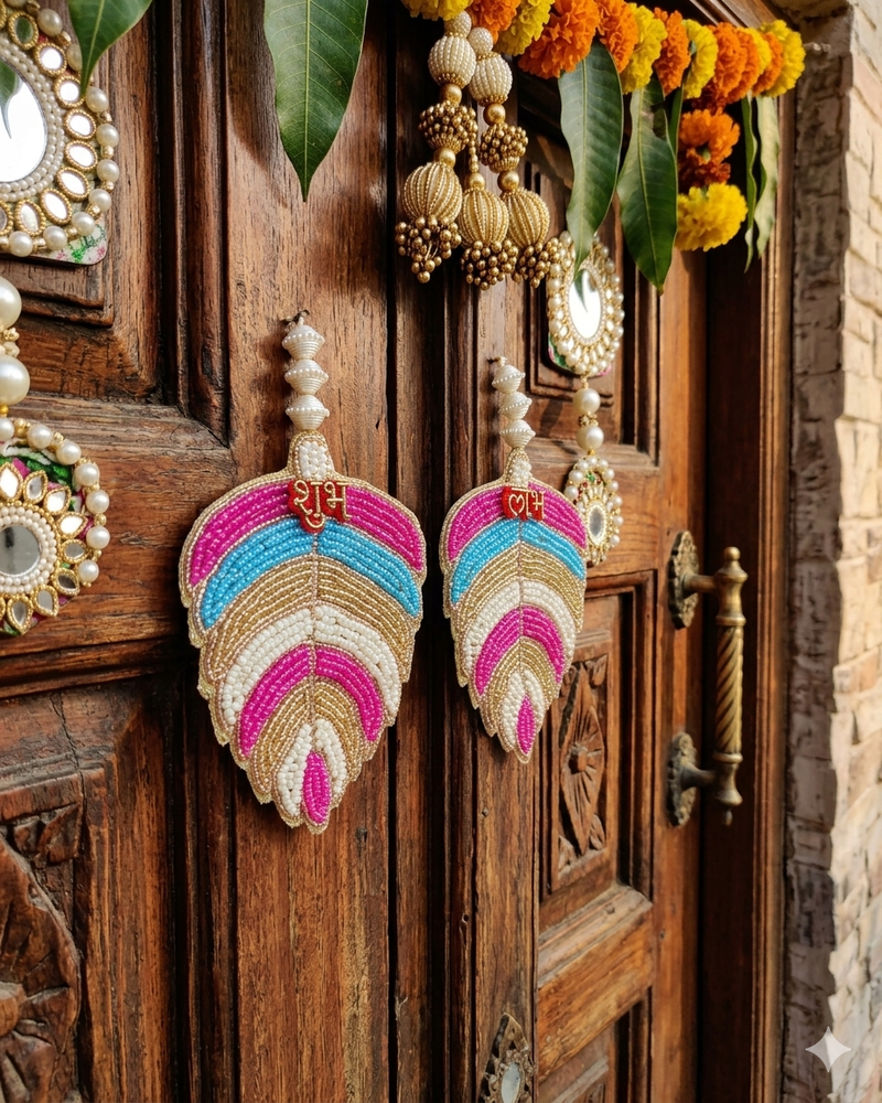 shubh labh leaf patch door hanging handmade beaded wall hanging home decor (pack of 2)