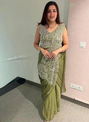 Olive green embroidered saree with intricate silver zari work 1