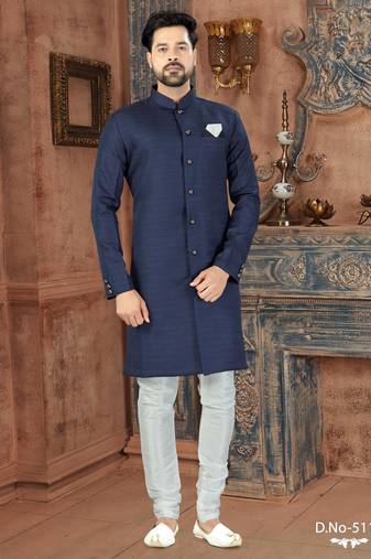 blue classic nawabi indowestern sherwani set  & fancy botton