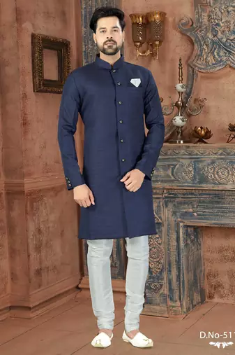 blue classic nawabi indowestern sherwani set  & fancy botton