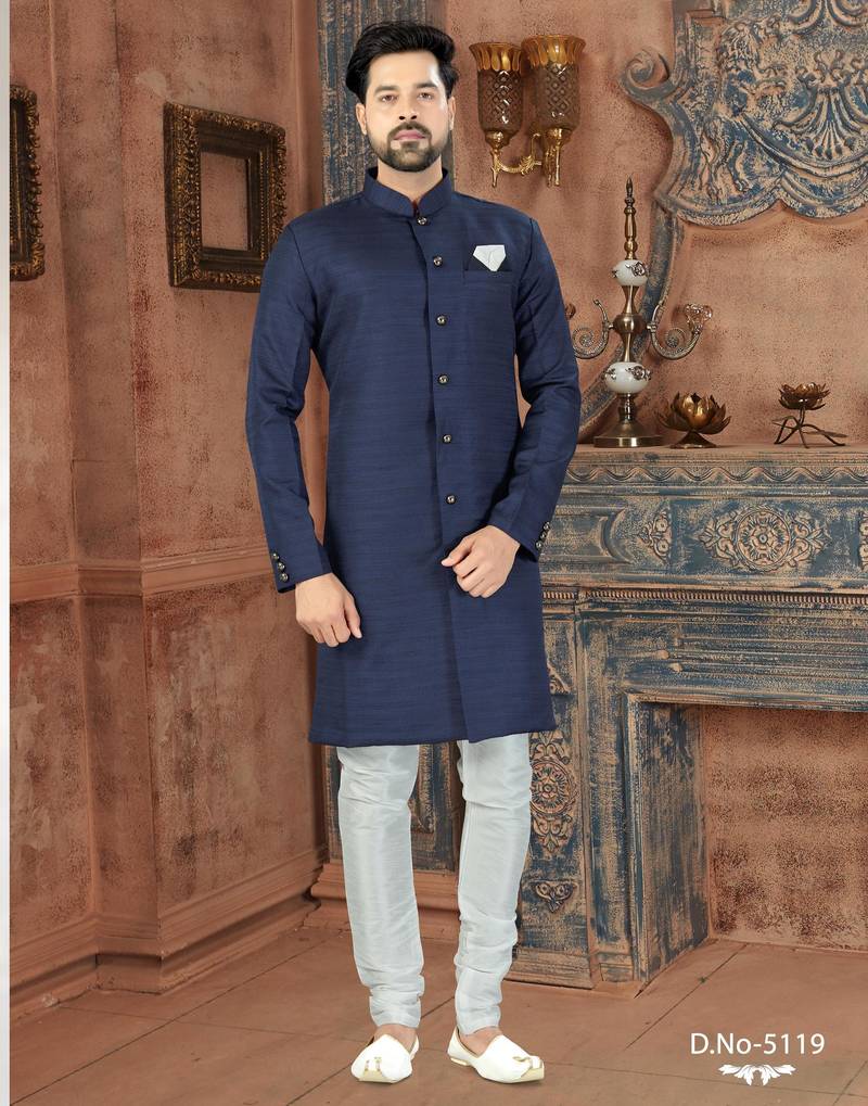 blue classic nawabi indowestern sherwani set  & fancy botton