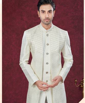 Cream embroidered indo-western sherwani set with thread, stone & fancy button work. 2