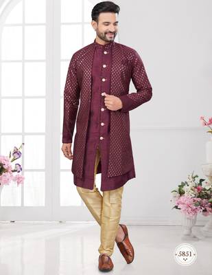 Coffee embroidered indo-western sherwani set with thread, stone & fancy button work. 1