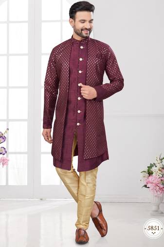 Coffee embroidered indo-western sherwani set with thread, stone & fancy button work.