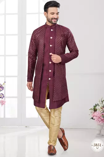 Coffee embroidered indo-western sherwani set with thread, stone & fancy button work.