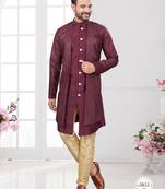 Coffee embroidered indo-western sherwani set with thread, stone & fancy button work.