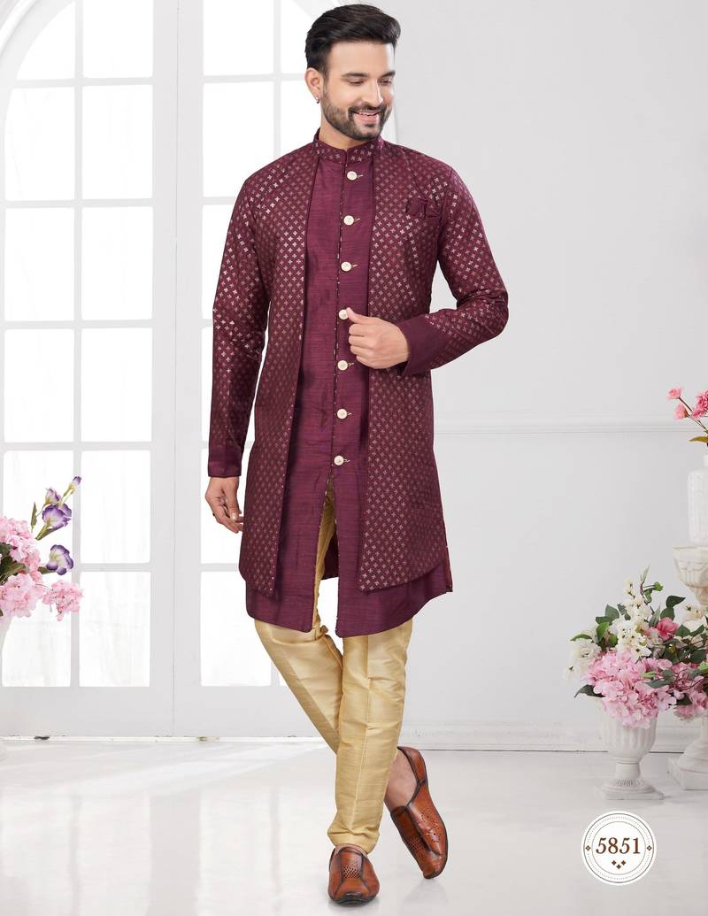 Coffee embroidered indo-western sherwani set with thread, stone & fancy button work.