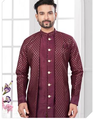 Coffee embroidered indo-western sherwani set with thread, stone & fancy button work. 2