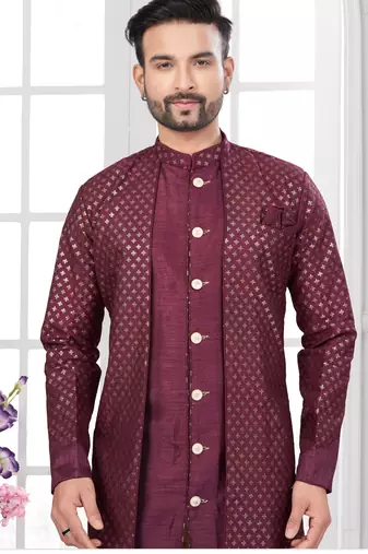 Coffee embroidered indo-western sherwani set with thread, stone & fancy button work.