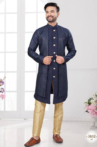 Nevy blue embroidered indo-western sherwani set with thread, stone & fancy button work.