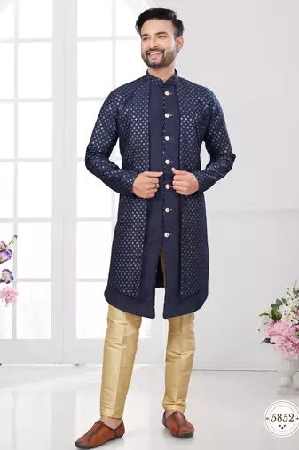 Nevy blue embroidered indo-western sherwani set with thread, stone & fancy button work.