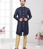 Nevy blue embroidered indo-western sherwani set with thread, stone & fancy button work.