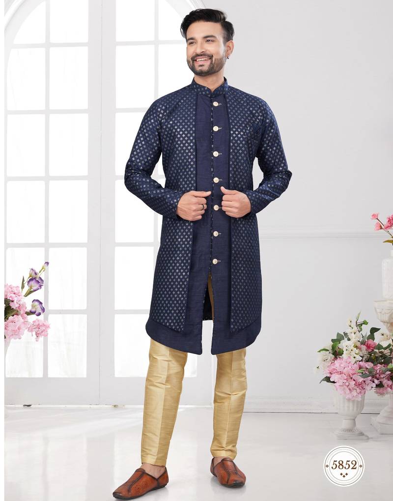 Nevy blue embroidered indo-western sherwani set with thread, stone & fancy button work.