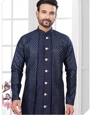 Nevy blue embroidered indo-western sherwani set with thread, stone & fancy button work. 2