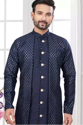 Nevy blue embroidered indo-western sherwani set with thread, stone & fancy button work.