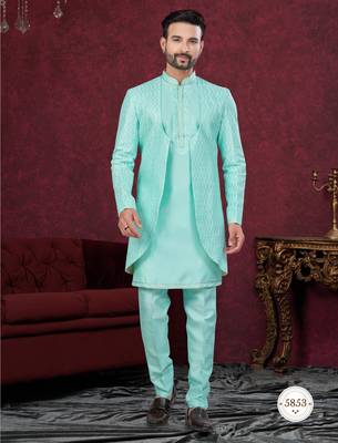 Coffee embroidered indo-western sherwani set with thread, stone & fancy button work. 1