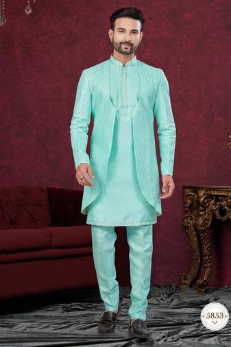 Coffee embroidered indo-western sherwani set with thread, stone & fancy button work.