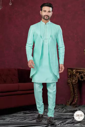 Coffee embroidered indo-western sherwani set with thread, stone & fancy button work.