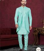 Coffee embroidered indo-western sherwani set with thread, stone & fancy button work.