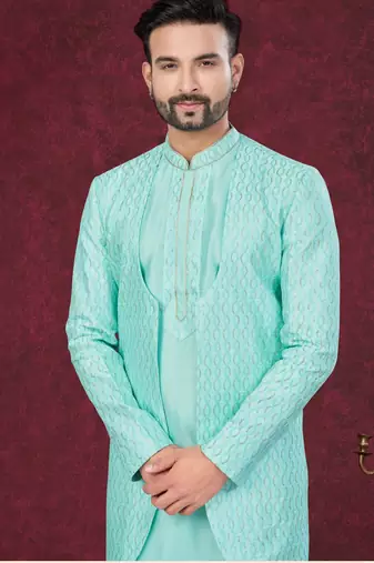 Coffee embroidered indo-western sherwani set with thread, stone & fancy button work.