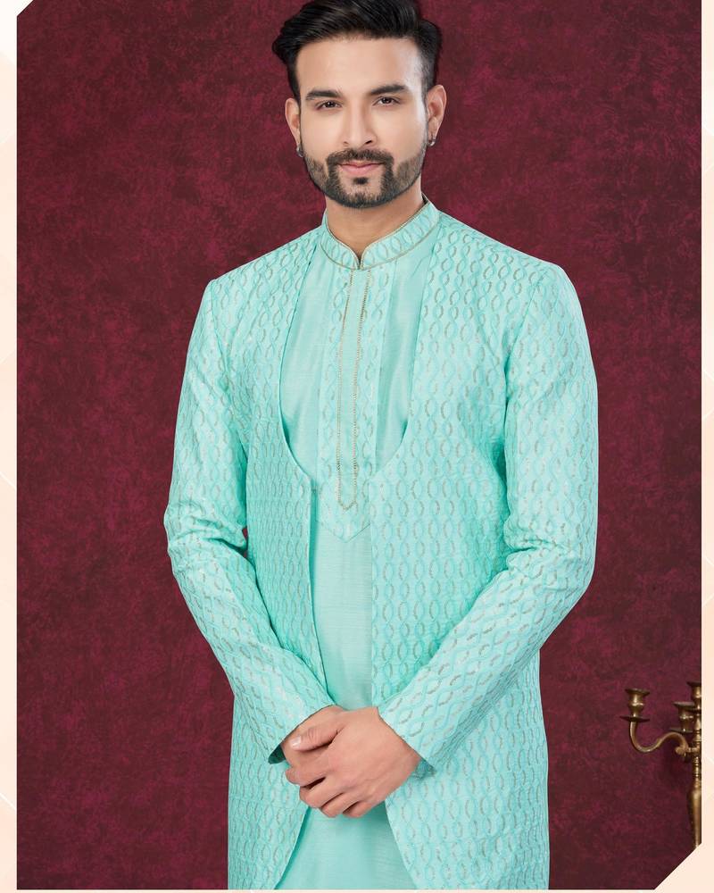 Coffee embroidered indo-western sherwani set with thread, stone & fancy button work.