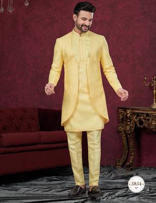Yellow embroidered indo-western sherwani set with thread, stone & fancy button work. 1