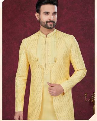 Yellow embroidered indo-western sherwani set with thread, stone & fancy button work. 2
