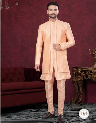 Peach embroidered indo-western sherwani set with thread, stone & fancy button work. 1