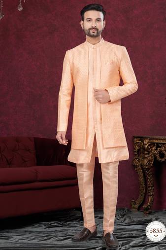 Peach embroidered indo-western sherwani set with thread, stone & fancy button work.