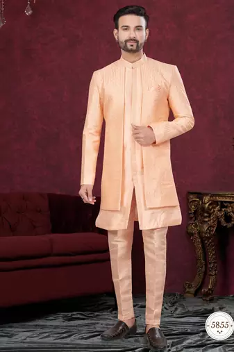 Peach embroidered indo-western sherwani set with thread, stone & fancy button work.